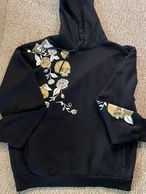 Rue21 Black Hoodie with Gold Skull & White Floral Print